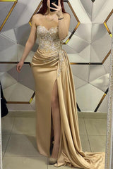 Gorgeous Mermaid Sweetheart Satin Long Beading Formal Prom Dresses with Slit