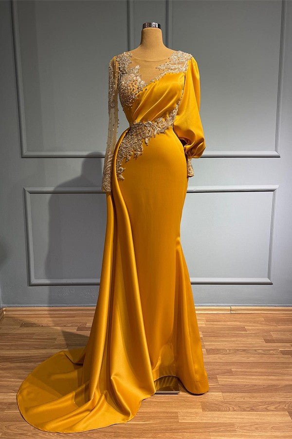 Mermaid Jewel Satin Appliques Lace Long Beading Prom Dresses with Sleeves