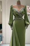 Vintage Mermaid Sweetheart Satin Lace Long Beading Prom Dress with Sleeves