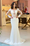 White Hollow V-neck Applique Mermaid Style Tulle Long Sleeve Sweep Train Prom Dresses