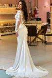 White Hollow V-neck Applique Mermaid Style Tulle Long Sleeve Sweep Train Prom Dresses