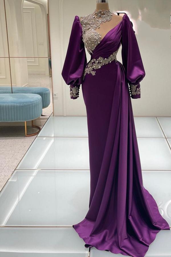 Mermaid High Neck Satin Long Beading Appliques Lace Prom Dress with Sleeves