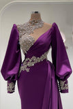 Mermaid High Neck Satin Long Beading Appliques Lace Prom Dress with Sleeves