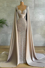 Elegant Mermaid Sweetheart Satin Sequined Long Prom Dresses with Cape Sleeve