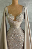 Elegant Mermaid Sweetheart Satin Sequined Long Prom Dresses with Cape Sleeve