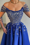 Elegant A-Line Sleeveless Off The Shoulder Side Split Prom Dresses with Beading