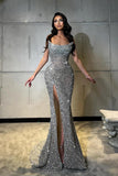 Mermaid Sleeveless Off The Shoulder Side Split Sequins Crystal Prom Dresses