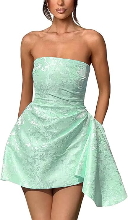 Short A-line Strapless Sleeveless Asymmetrical Lace up Jacquard Satin Homecoming Dress