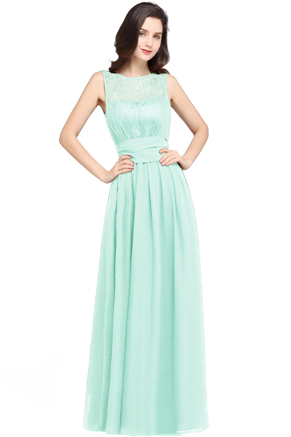 Long Off The Shoulder Round Neck Chiffon Bridesmaid Dress with Floral Lace and Ruffle