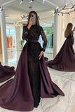 Modest Mermaid High Neck Satin Lace Long Sequins Prom Dress with Sleeves