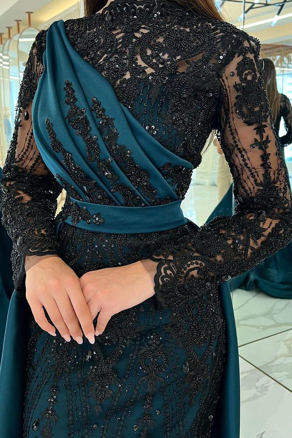 Modest Mermaid High Neck Satin Lace Long Sequins Prom Dress with Sleeves