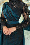 Modest Mermaid High Neck Satin Lace Long Sequins Prom Dress with Sleeves