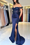 A-Line Lace Strapless Sleeveless Court Train Tulle Side Split Prom Dresses