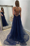 A-Line Halter Spaghetti Straps Tulle Long Front Slit Prom Dress with Appliques