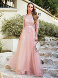 A line Round Neck Half Sleeves Tulle Lace Appliques Long Bridesmaid Dresses