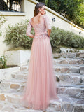 A line Round Neck Half Sleeves Tulle Lace Appliques Long Bridesmaid Dresses