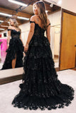 Black A-Line Sleeveless Off the Shoulder Tulle Lace Prom Dresses with Sweep Train