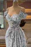 Sheath Sweetheart Spaghetti Straps Sleeveless Prom Dresses with Embroidery Crystal Sweep Train