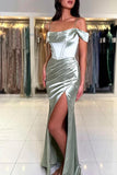 Simple Mermaid Off-the-shoulder Satin Long Ruffles Prom Dresses with High Split