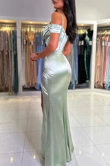 Simple Mermaid Off-the-shoulder Satin Long Ruffles Prom Dresses with High Split