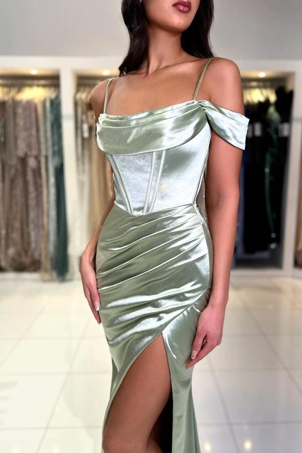 Simple Mermaid Off-the-shoulder Satin Long Ruffles Prom Dresses with High Split