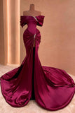 Mermaid Off-the-shoulder Satin Long Split Front Prom Dresses With Beads