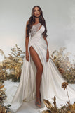 Sexy A-Line One Shoulder Satin Long Beading Wedding Dresses with Split