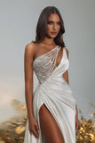 Sexy A-Line One Shoulder Satin Long Beading Wedding Dresses with Split