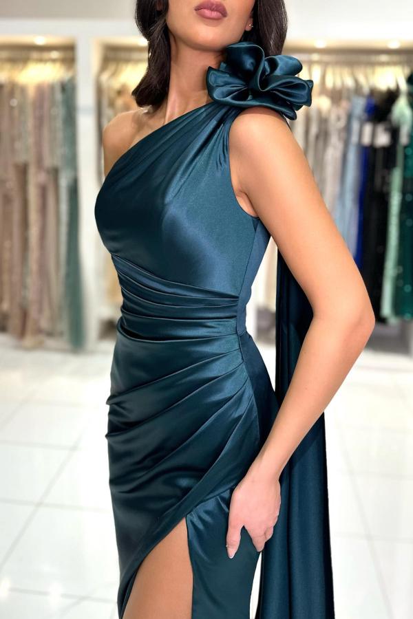 Vintage A-line One-shoulder Satin Long High Split Front Prom Dress with Flowers