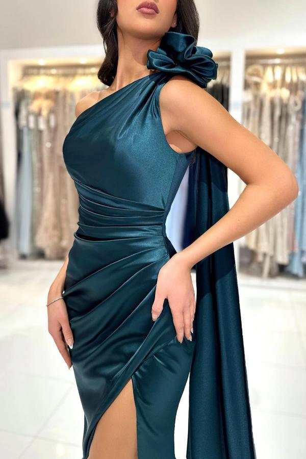 Vintage A-line One-shoulder Satin Long High Split Front Prom Dress with Flowers