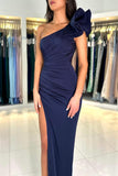 Dark Navy One Shoulder Mermaid Chiffon Long Prom Dress With Split