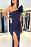 Dark Navy One Shoulder Mermaid Chiffon Long Prom Dress With Split