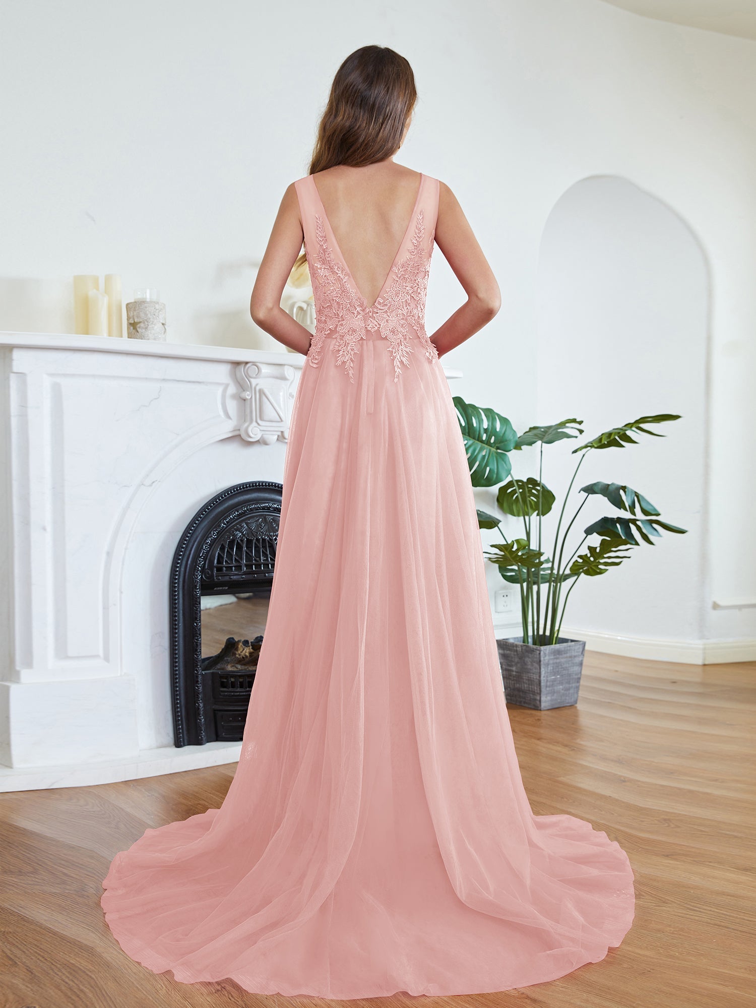 Long Sleeveless Round Neck Tulle A line Lace Appliques Bridesmaid Dress