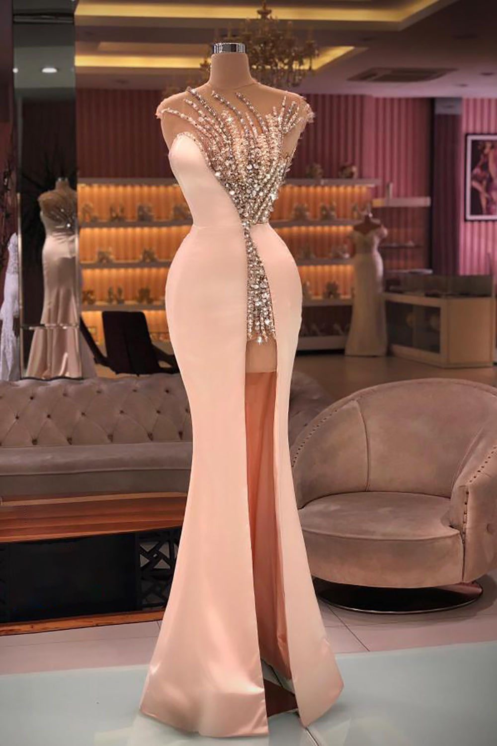 Fashion Sheath Sleeveless Sequins Crystal Tulle Split Side Prom Dresses