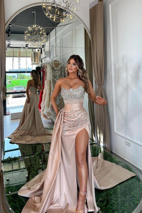 Pink Mermaid Strapless Satin Long Beading Prom Dresses With Split