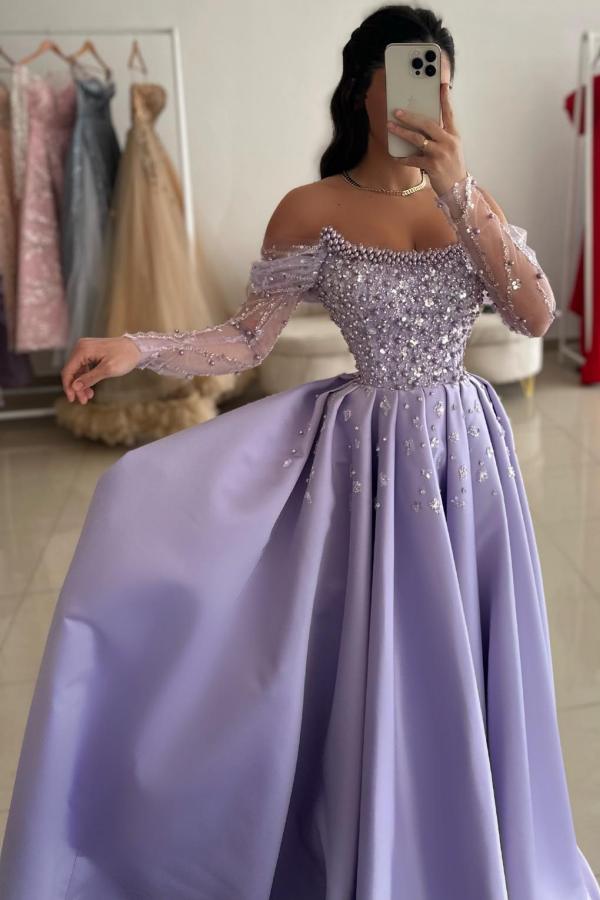 Graceful Purple Off The Shoulder Long Sleeve Rhinestones Beads A-Line Prom Dress