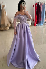 Graceful Purple Off The Shoulder Long Sleeve Rhinestones Beads A-Line Prom Dress