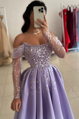 Graceful Purple Off The Shoulder Long Sleeve Rhinestones Beads A-Line Prom Dress