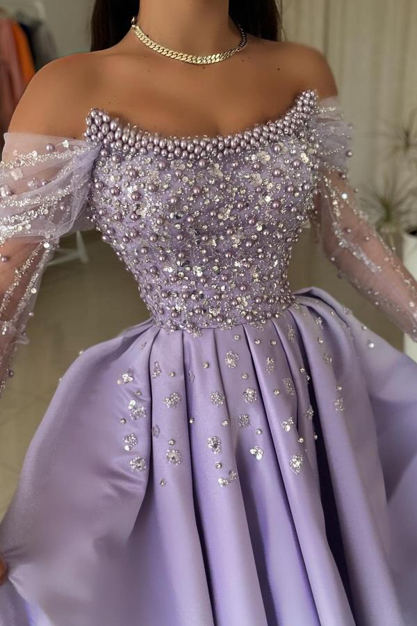 Graceful Purple Off The Shoulder Long Sleeve Rhinestones Beads A-Line Prom Dress