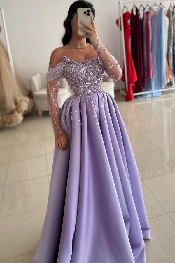 Graceful Purple Off The Shoulder Long Sleeve Rhinestones Beads A-Line Prom Dress