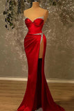 Mermaid Sweetheart Satin Sleeveless Long Beading Prom Dresses With High Slit