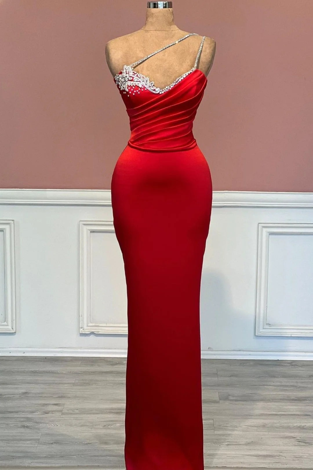 Gorgeous Mermaid One Shoulder Sweetheart Satin Beading Long Prom Dresses