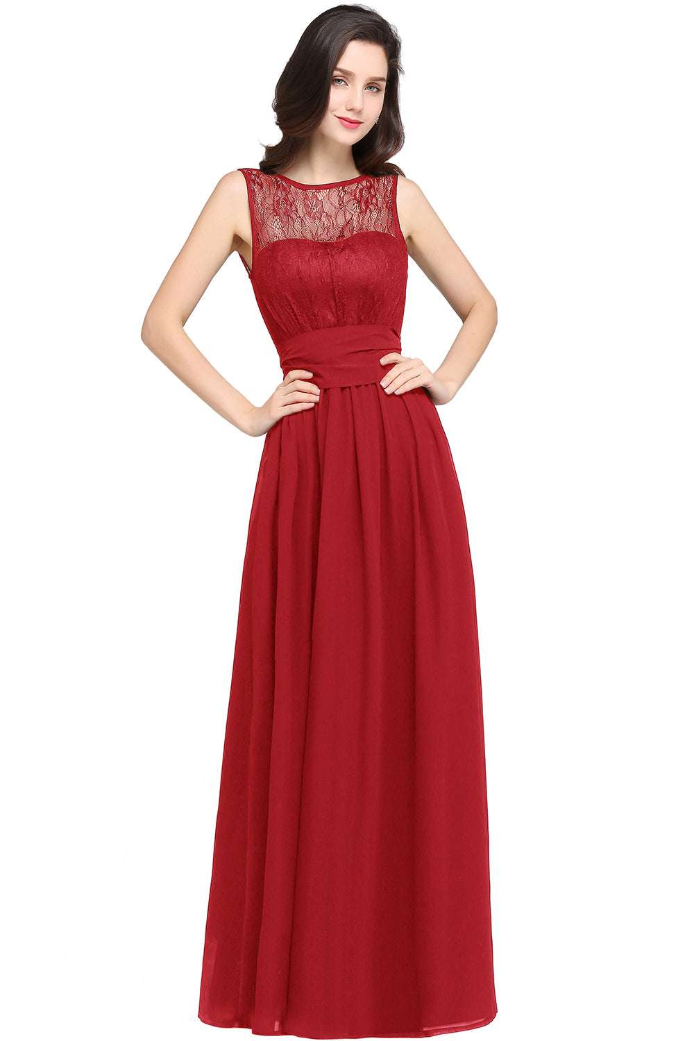 Long Off The Shoulder Round Neck Chiffon Bridesmaid Dress with Floral Lace and Ruffle