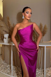 Glamorous A-line Strapless Satin Long Pleats Prom Dresses with High Slit