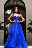Glamorous A-Line Sweetheart Tulle Lace Sleeveless Long Prom Dress with Appliques