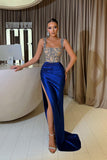 Glamorous Mermaid Square Neckline Satin Long Beading Prom Dresses with Slit - 27Dress