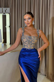 Glamorous Mermaid Square Neckline Satin Long Beading Prom Dresses with Slit - 27Dress