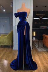 Off the shoulder Long Mermaid Velvet Royal Blue Prom Evening Dress with Split