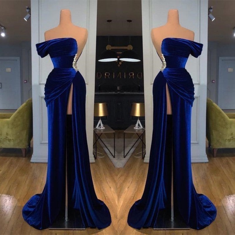 Off the shoulder Long Mermaid Velvet Royal Blue Prom Evening Dress with Split