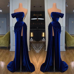 Off the shoulder Long Mermaid Velvet Royal Blue Prom Evening Dress with Split